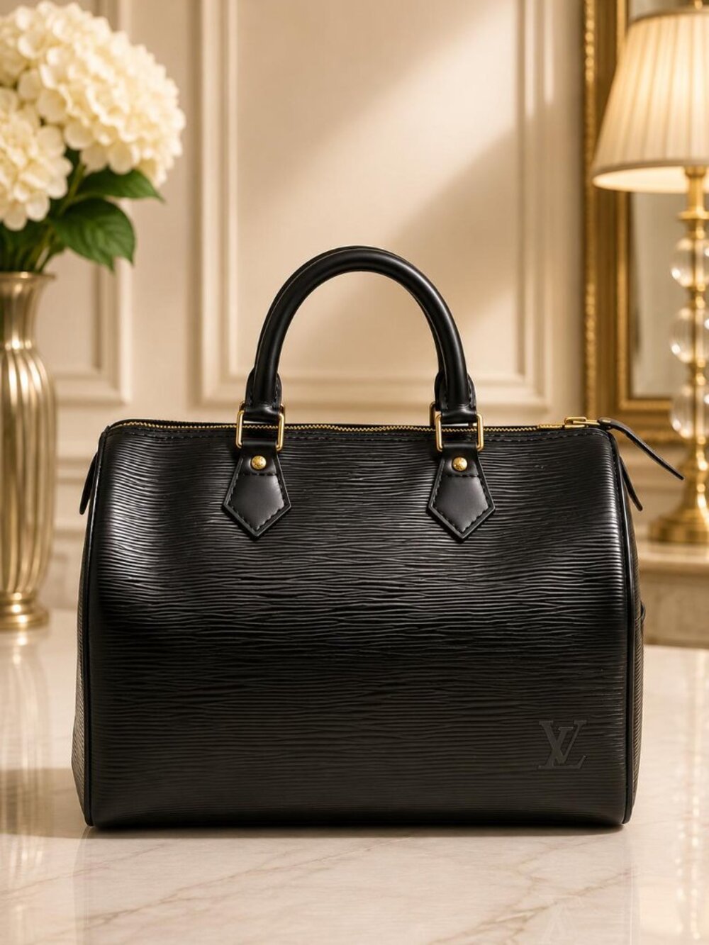Authentic Louis Vuitton Speedy 30 Black Epi Leather Top Handle Satchel Bag